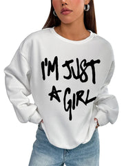 Women Basic Casual Pullover Spring Autumn Long Sleeve Just Girl Printed Round Neck