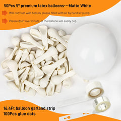 White Balloons 5 Inch Small White Balloons 5In Latex Party Balloons with Balloon Garland Holder Dot Glue for Baby Shower Birthday Party Decorations 50Pcs