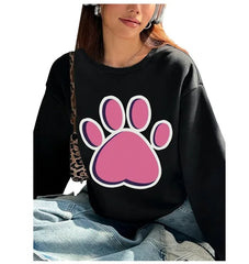 Women Basic Casual Pullover Spring Autumn Long Sleeve Paw Print Printed Round Neck