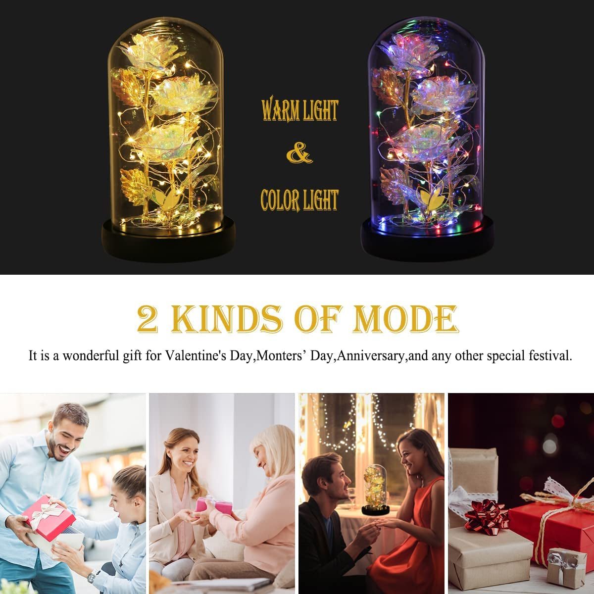 Valentines Day Gifts for Her,Birthday Gifts for Women,Colorful Flowers Rose in Glass Dome,Galaxy Flowers Rose with 2 Lighted Mode,Rainbow Rose Flower Gifts for Women,Valentines Gifts for Girlfriend