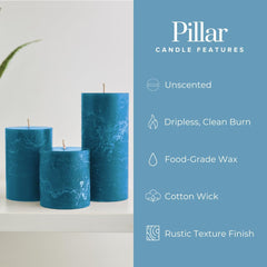 3X4 Inch Steel Blue Pillar Candles Set of 3, Rustic Texture, Unscented Blue Candles, Dripless Candles, 3 Inch Pillar Candles Ideal as Wedding, Parties, Spas, Dinner Home Decoration Church