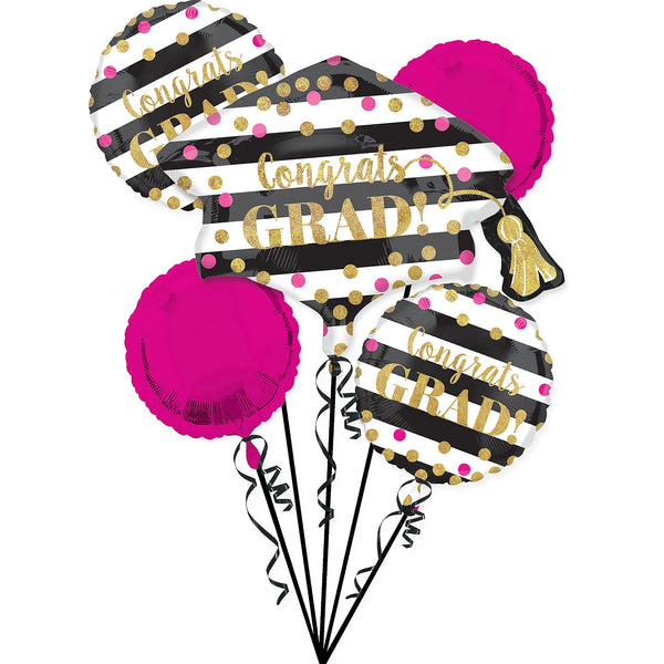 Anagram Gold Confetti Happy Graduation Bouquet 6Pc Foil Balloon Pack, Magenta Gold