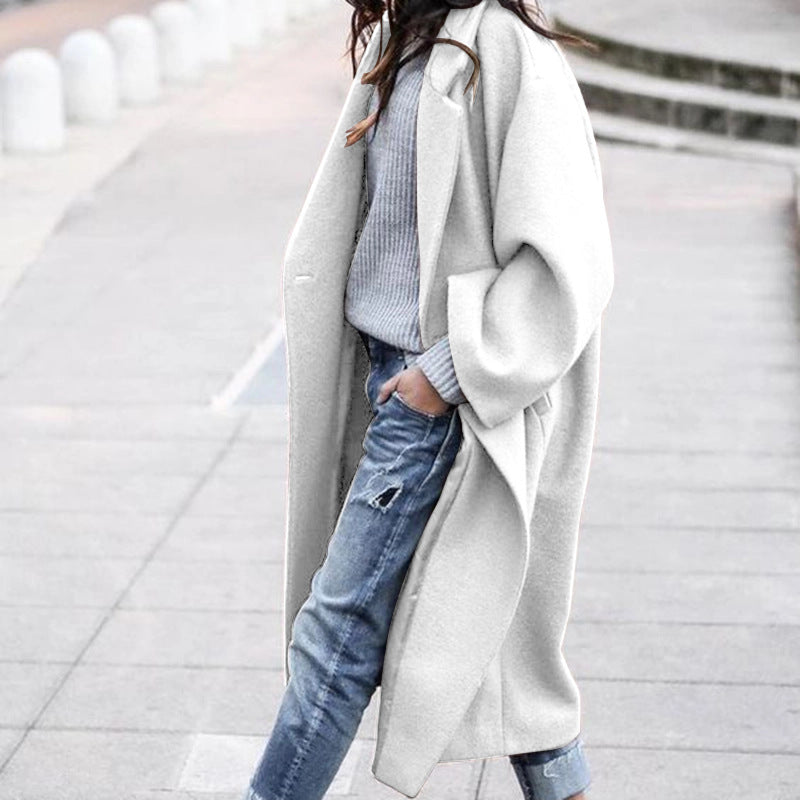 Casual Long Jacket With Pockets Solid Color Single Breasted Lapel Woolen Coat For Women Warm Winter Clothing