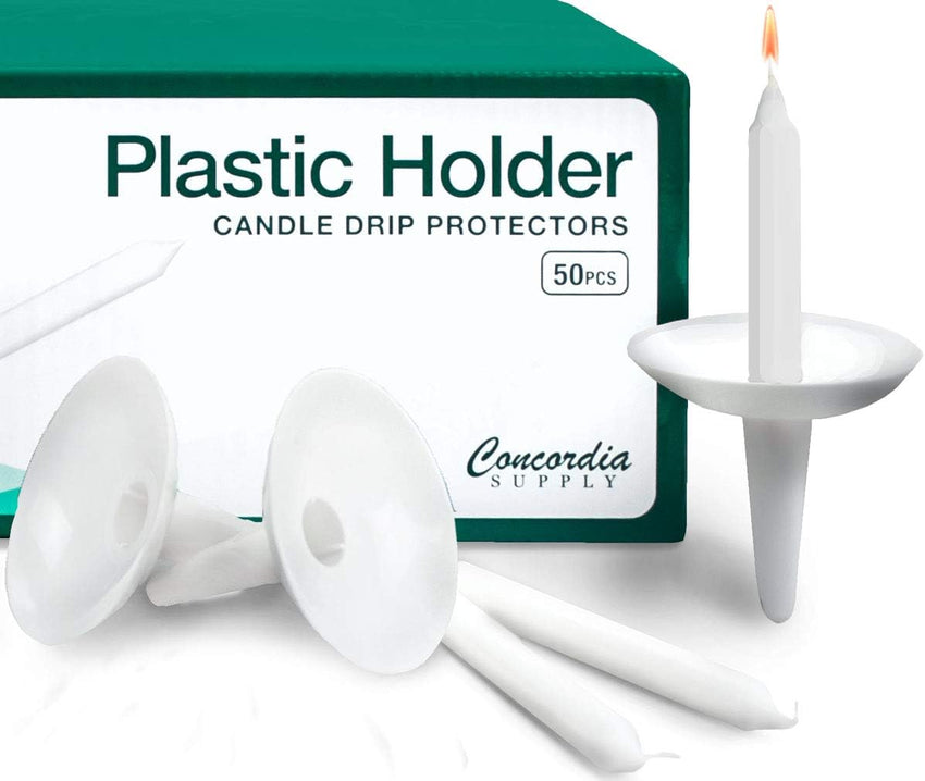 Plastic Holder Candle Drip Protectors with 4.25" X 1/2" Candles - Easy to Hold White Plastic Candle Holders - Ideal for Candlelight, Memorial, & Congregational Services - Set of 100