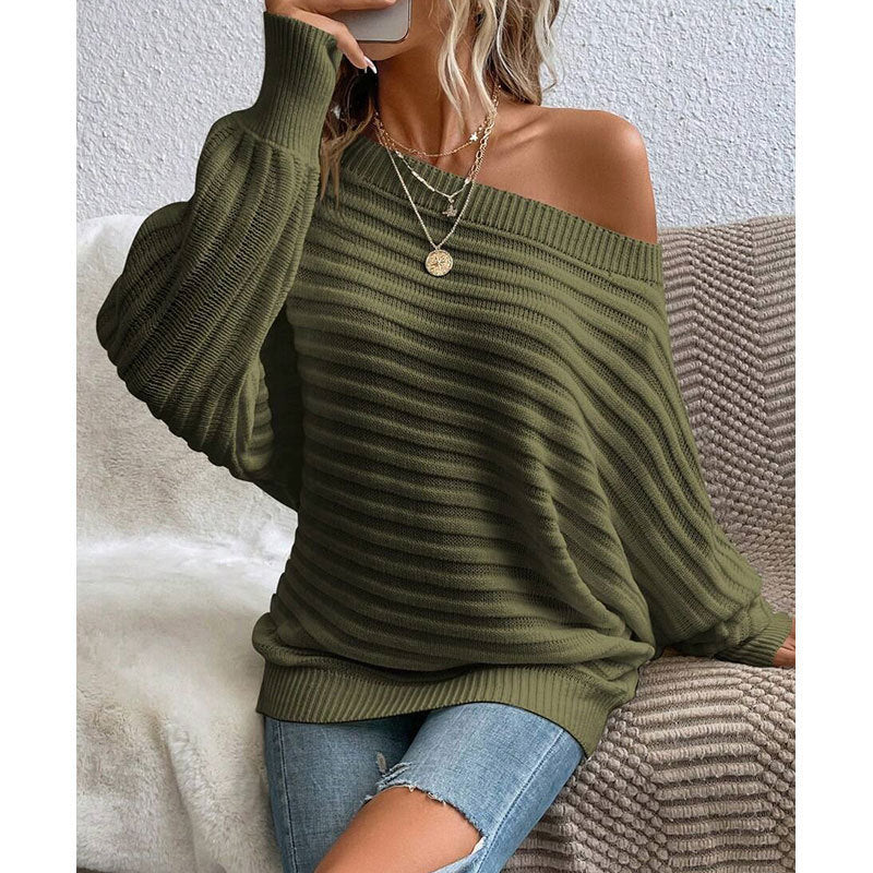 Women's Off Shoulder Sweater Batwing Sleeve Pullover Top Fall Casual Loose Knit Long Sleeve