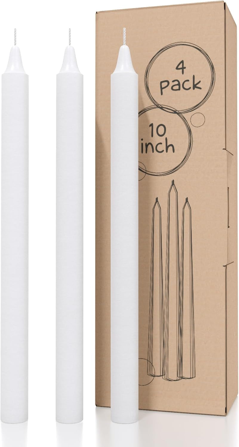 White Taper Candles - Pack of 4, 10 Inch, Unscented, Dinner & Table Candles - Slow Burning, Dripless & Smokeless