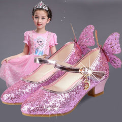 Butterfly Princess Shoes Children High Heel Leather Shoes