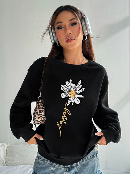 Women Basic Casual Pullover Spring Autumn Long Sleeve A Printed Round Neck