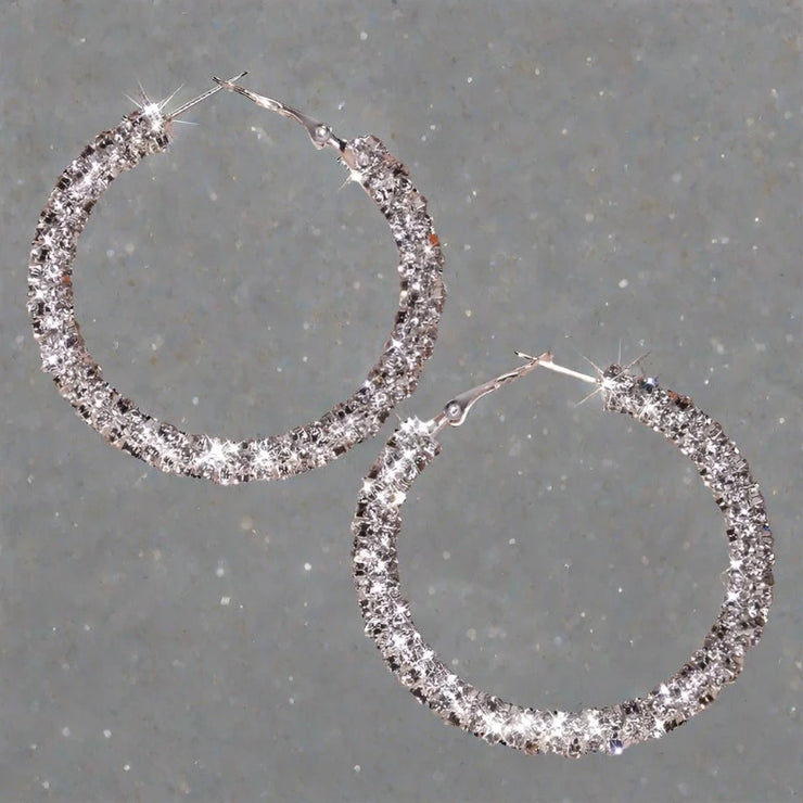 Large Full Rhinestone Hoop Earrings Silver Plated