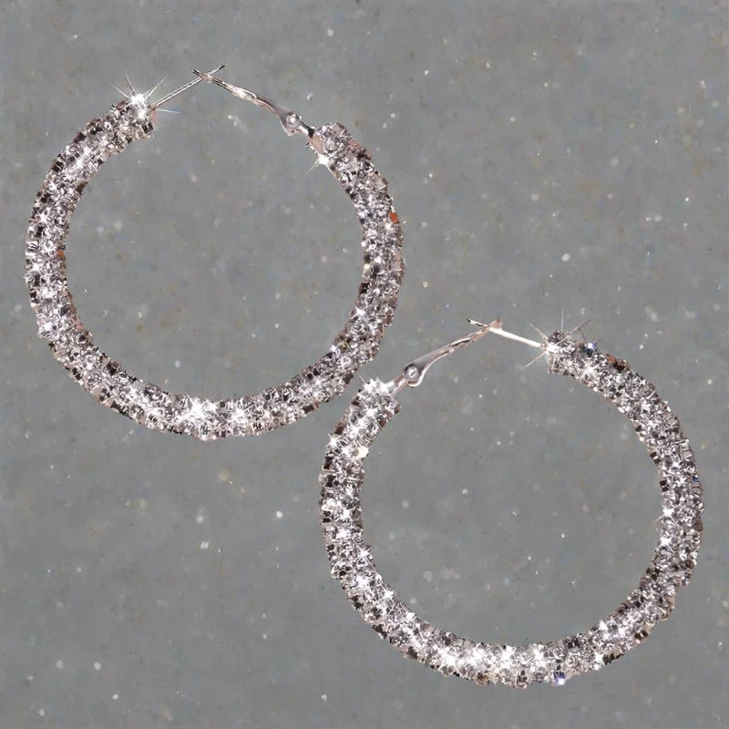 Large Full Rhinestone Hoop Earrings Silver Plated