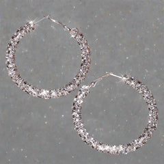 Large Full Rhinestone Hoop Earrings Silver Plated