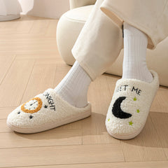 Fashion Moon And Clock Print Home Slippers Winter Warm Floor Bedroom House Shoes For Women