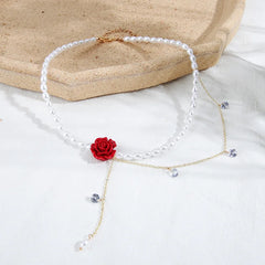 Fashion Retro Hong Kong Style Rose Flower Zircon Pearl Necklace Exquisite Design Clavicle Temperament Versatile Pendant Gift