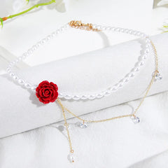 Fashion Retro Hong Kong Style Rose Flower Zircon Pearl Necklace Exquisite Design Clavicle Temperament Versatile Pendant Gift