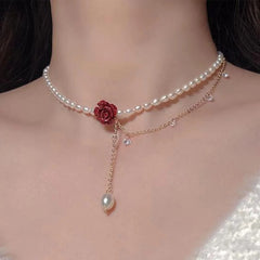 Fashion Retro Hong Kong Style Rose Flower Zircon Pearl Necklace Exquisite Design Clavicle Temperament Versatile Pendant Gift