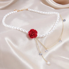 Fashion Retro Hong Kong Style Rose Flower Zircon Pearl Necklace Exquisite Design Clavicle Temperament Versatile Pendant Gift