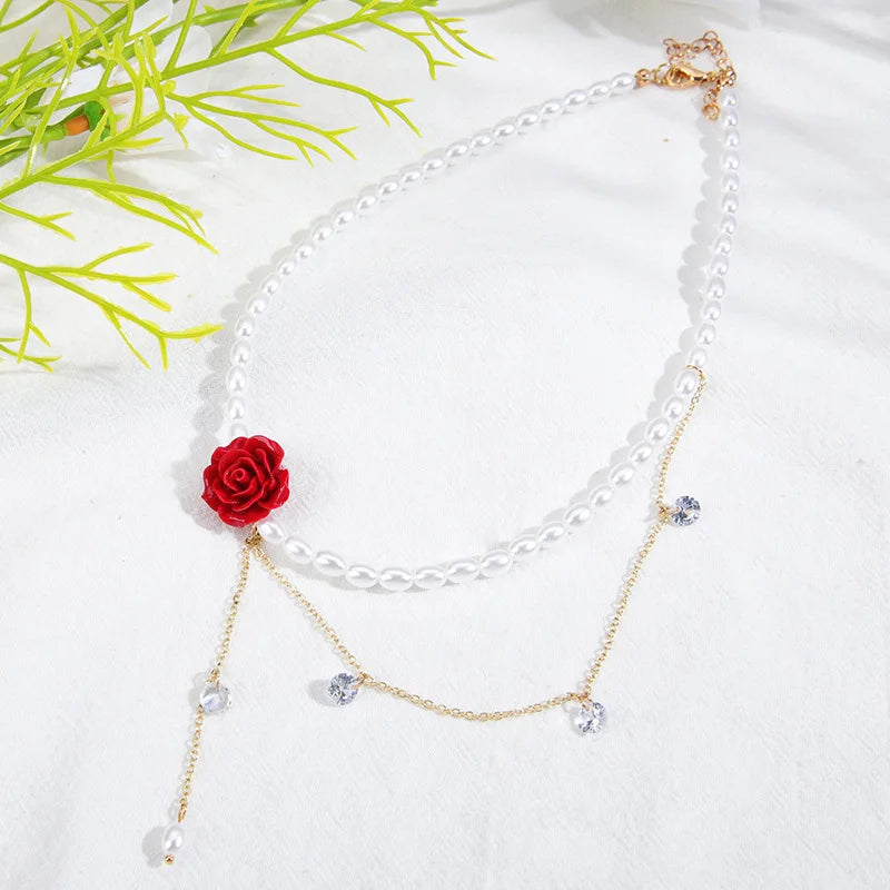 Fashion Retro Hong Kong Style Rose Flower Zircon Pearl Necklace Exquisite Design Clavicle Temperament Versatile Pendant Gift