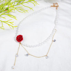 Fashion Retro Hong Kong Style Rose Flower Zircon Pearl Necklace Exquisite Design Clavicle Temperament Versatile Pendant Gift