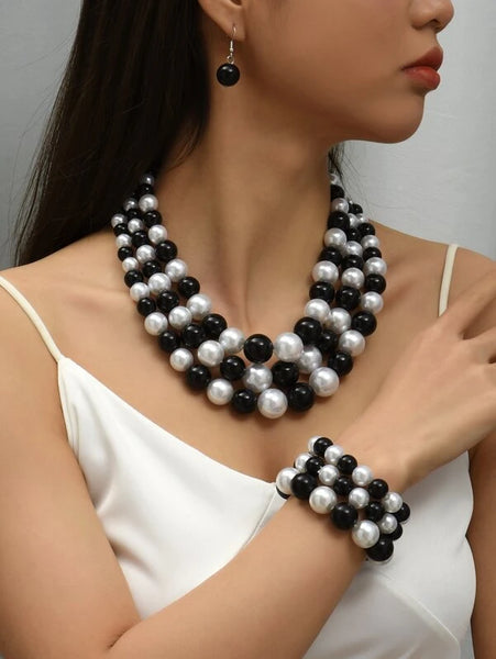 Two Tone  Pearl Beaded Bracelet & Earrings & Layered Necklace