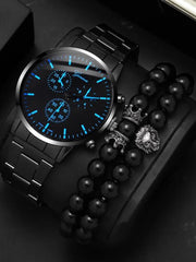 Men Round Pointer Quartz Watch & 2pcs Bracelet