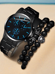 Men Round Pointer Quartz Watch & 2pcs Bracelet
