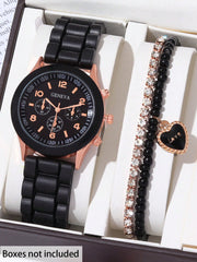 Women's Black Quartz Watch with Two Piece Diamond Bracelet Combination Set