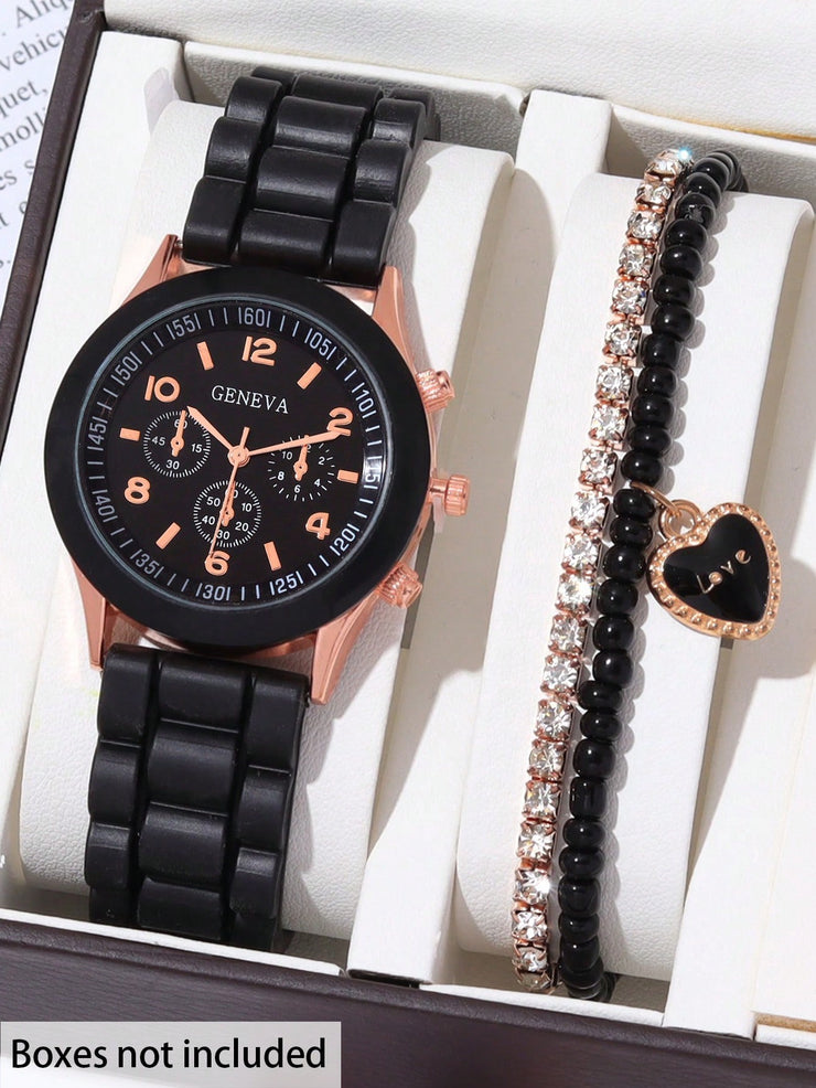 Women's Black Quartz Watch with Two Piece Diamond Bracelet Combination Set