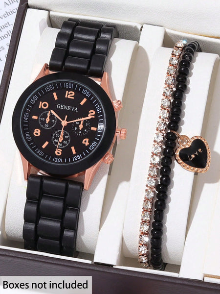 Women's Black Quartz Watch with Two Piece Diamond Bracelet Combination Set