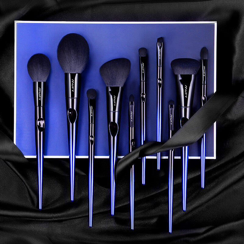 Blue 10 Pcs Makeup Brushes Set With Bag | Compact Makeup Brush Set