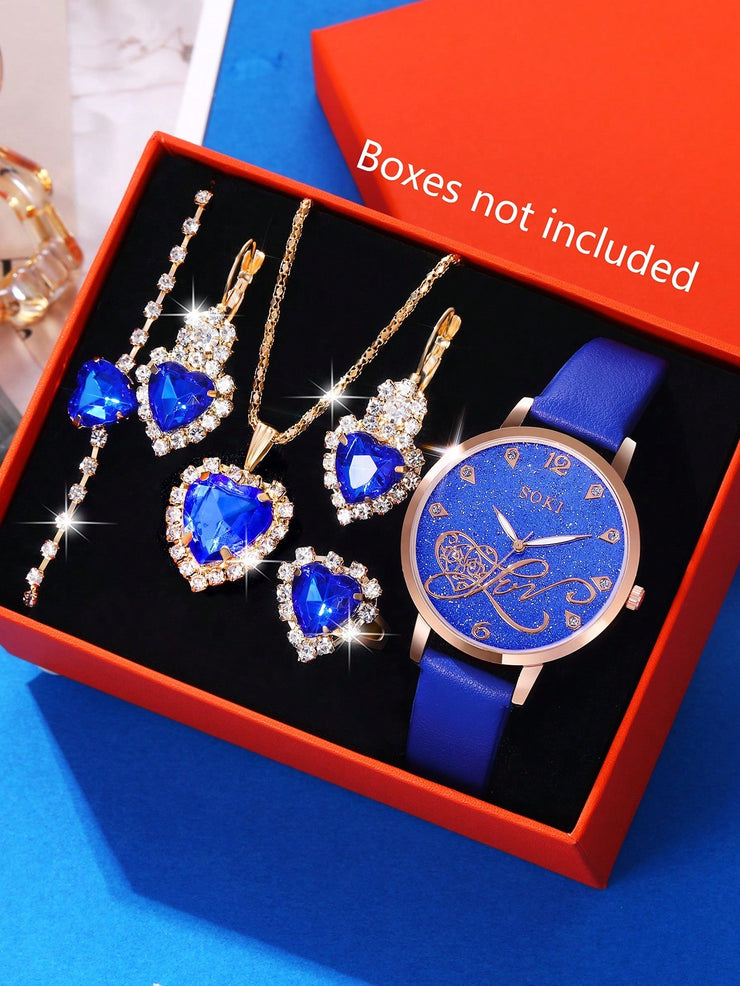 Blue Pu Strap Love Dial Casual Quartz Watch