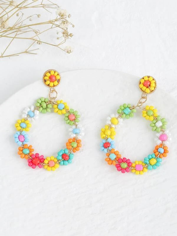 Color Beaded Flower Decor Drop Earrings