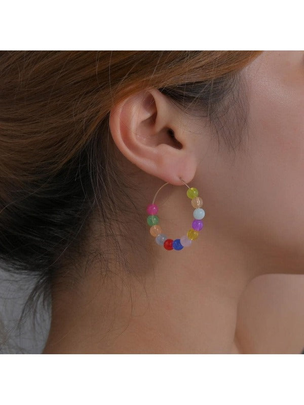 Color Block Bead Decor Hoop Earrings