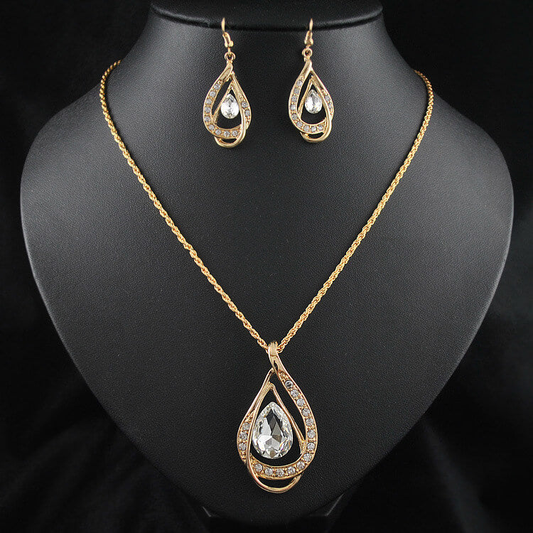 Double Drop Crystal Necklace Earrings Set | Crystal Drop Jewelry Set