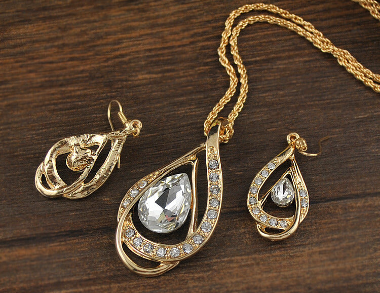 Double Drop Crystal Necklace Earrings Set | Crystal Drop Jewelry Set