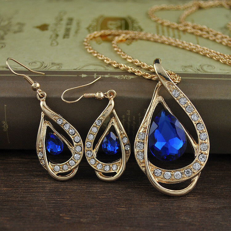 Double Drop Crystal Necklace Earrings Set | Crystal Drop Jewelry Set