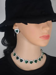 Rhinestone & Emerald Heart  Necklace & Stud Earrings