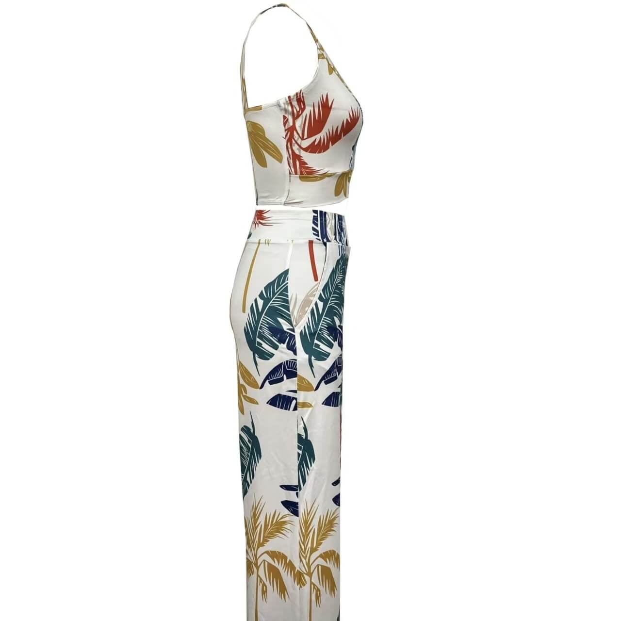 European Style Palm Print Set | Sleeveless Top And Pants Set