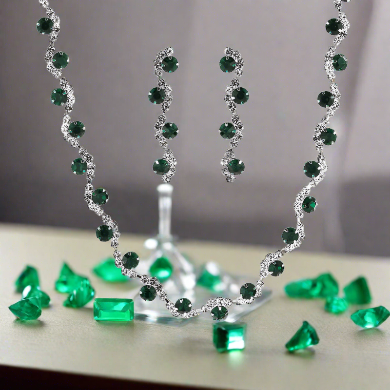 GREEN Zircon Necklace Earrings 2pcs Set