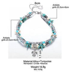 Bohemian Multiple Layers Starfish Turtle Turquoises Beads Anklets Women Vintage Boho Shell Chain Anklet Bracelet Beach Jewelry