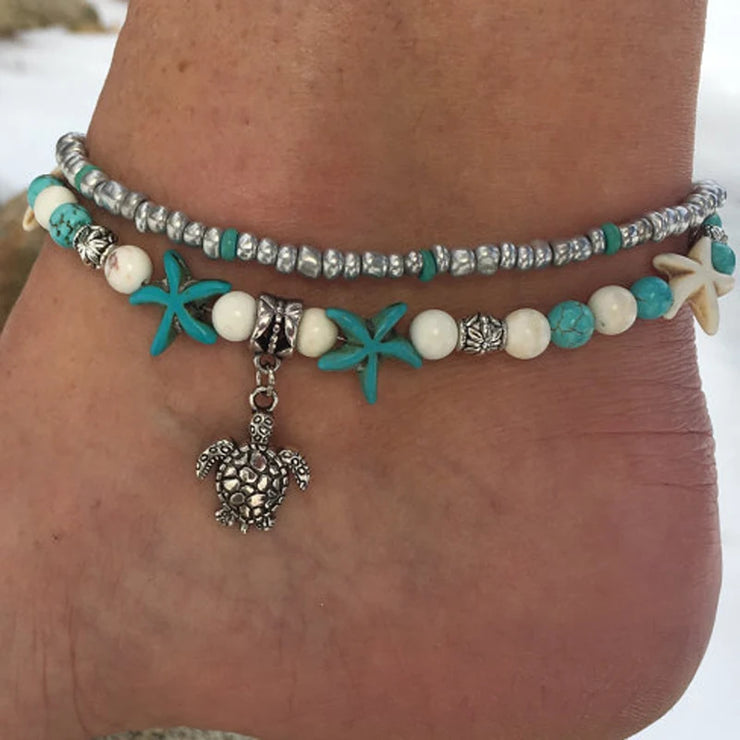 Bohemian Multiple Layers Starfish Turtle Turquoises Beads Anklets Women Vintage Boho Shell Chain Anklet Bracelet Beach Jewelry