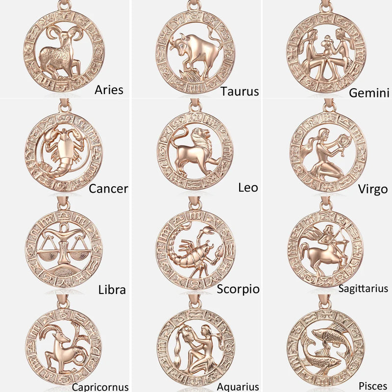12 Zodiac Sign Constellations Pendant Necklace For Women Men 585 Rose Gold Color Necklace  Birthday Gifts Drop Shipping GPM16A
