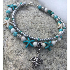 Bohemian Multiple Layers Starfish Turtle Turquoises Beads Anklets Women Vintage Boho Shell Chain Anklet Bracelet Beach Jewelry