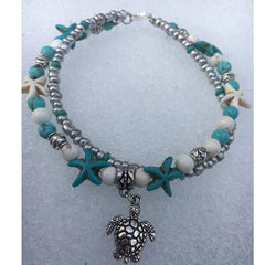 Bohemian Multiple Layers Starfish Turtle Turquoises Beads Anklets Women Vintage Boho Shell Chain Anklet Bracelet Beach Jewelry