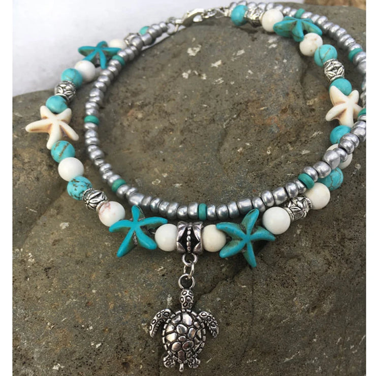 Bohemian Multiple Layers Starfish Turtle Turquoises Beads Anklets Women Vintage Boho Shell Chain Anklet Bracelet Beach Jewelry