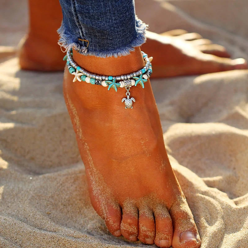 Bohemian Multiple Layers Starfish Turtle Turquoises Beads Anklets Women Vintage Boho Shell Chain Anklet Bracelet Beach Jewelry