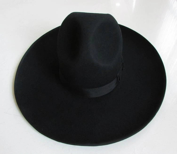 Men's 100% Woolen Fedoras Hat Wide Brim Oversize 12cm Woolen Hat Fashion Black Wool Felt Fedora Woolen Cap Equestrian Hat B-8127