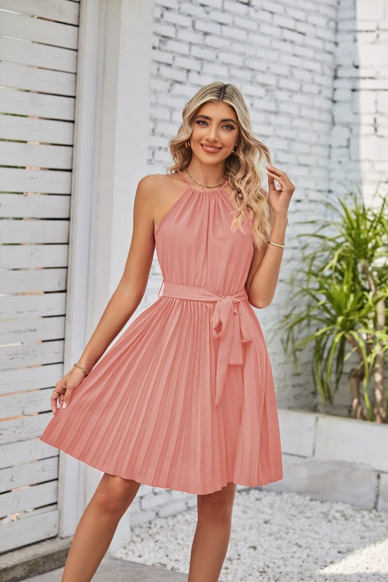 Halter Strapless Dress | Solid Pleated Skirt Halter Dress For Women