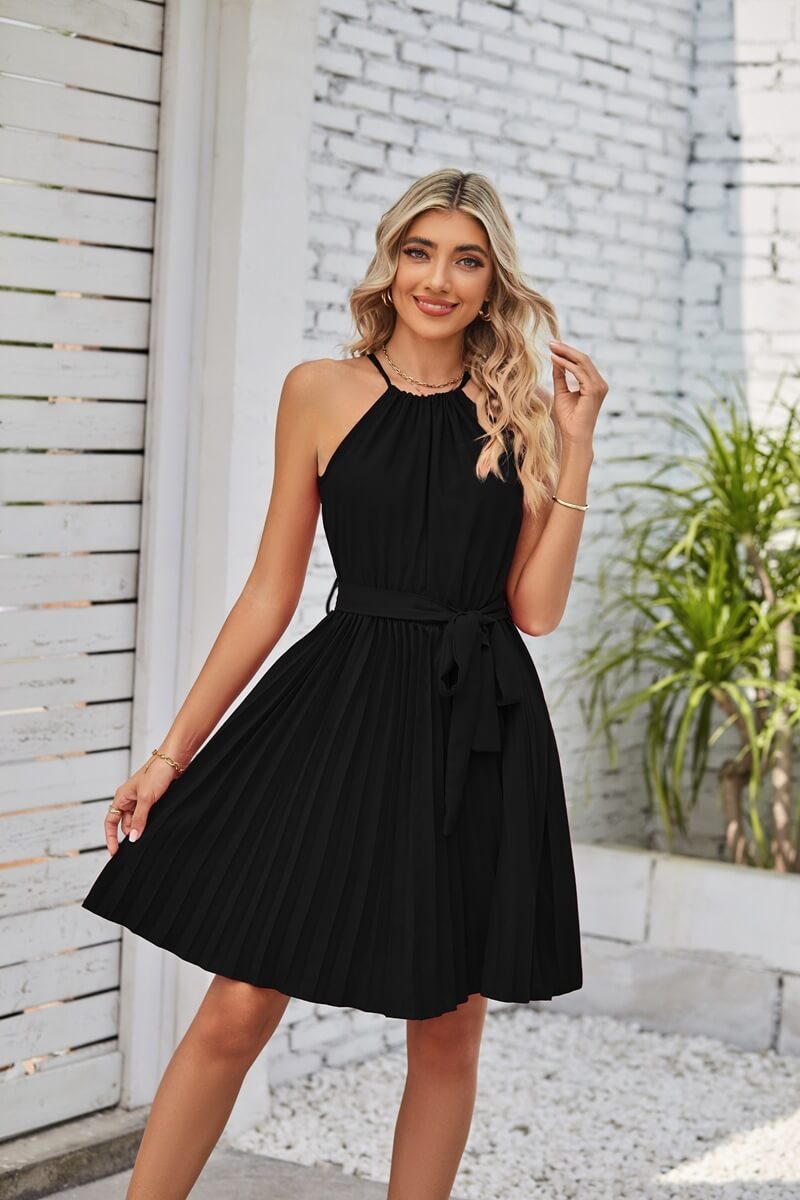 Halter Strapless Dress | Solid Pleated Skirt Halter Dress For Women