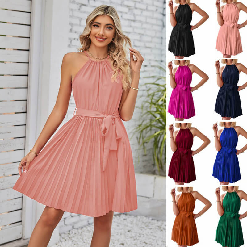 Halter Strapless Dress | Solid Pleated Skirt Halter Dress For Women