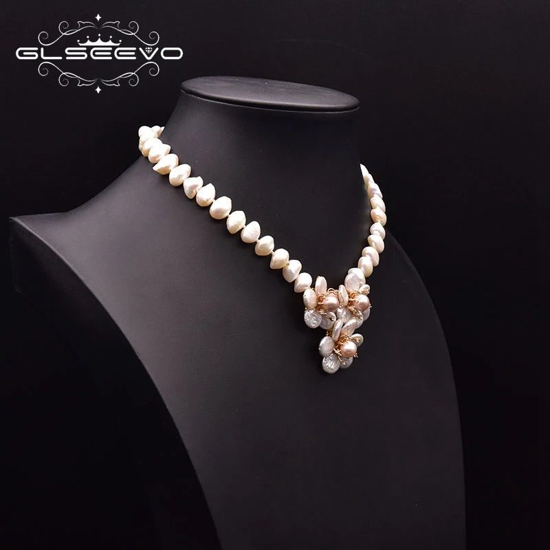 GLSEEVO Natural Baroque Freshwater Pearl Necklace Women's Wedding Anniversary Handmade Luxury Flower Style Jewelry GN0273